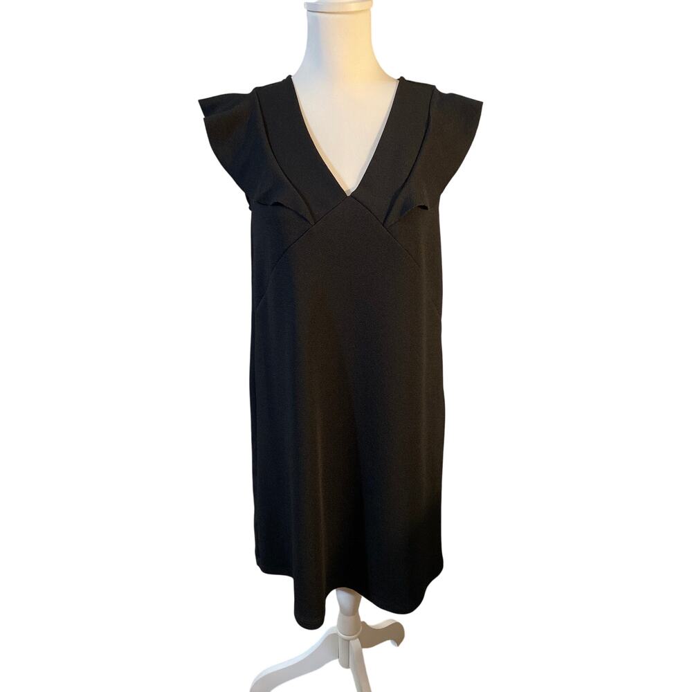 ⁠Massini Black Flutter Sleeve V-Neck Shift Dress Little Black Dress LBD S⁠
